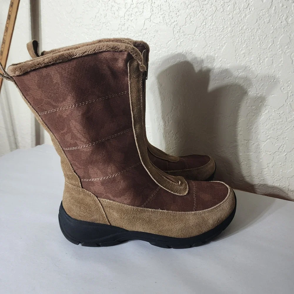 Lands End Womens Brown Suede Nylon Front Zip Winter Boots 525813 Size 8.5 B